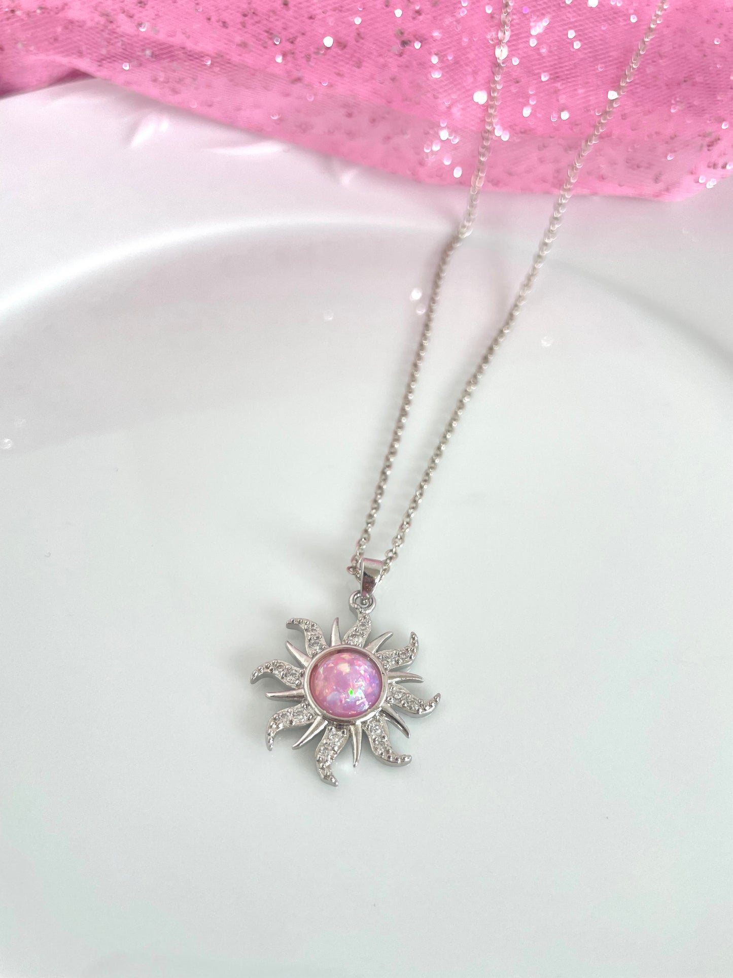 Silver Rapunzel Sun Necklace (pink)