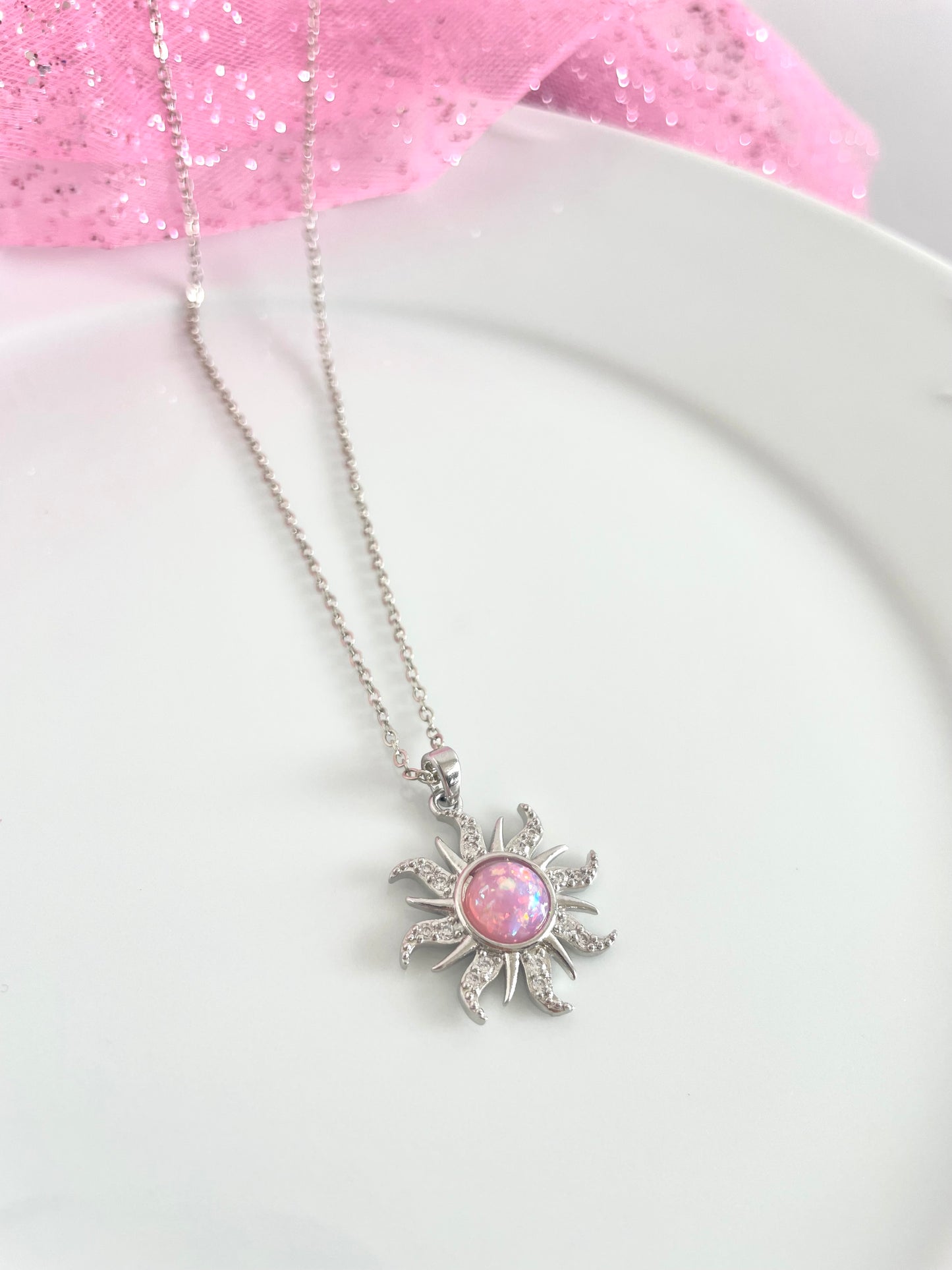 Silver Rapunzel Sun Necklace (pink)