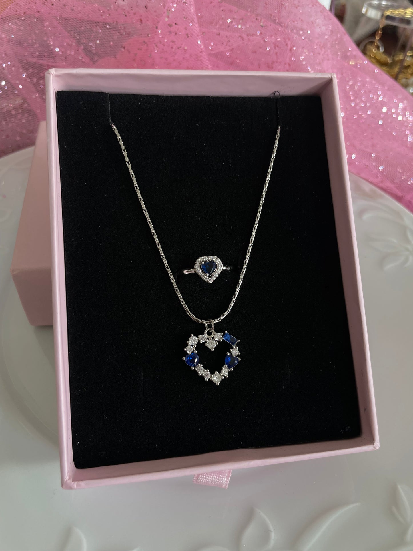 Blue crystal heart jewelry set