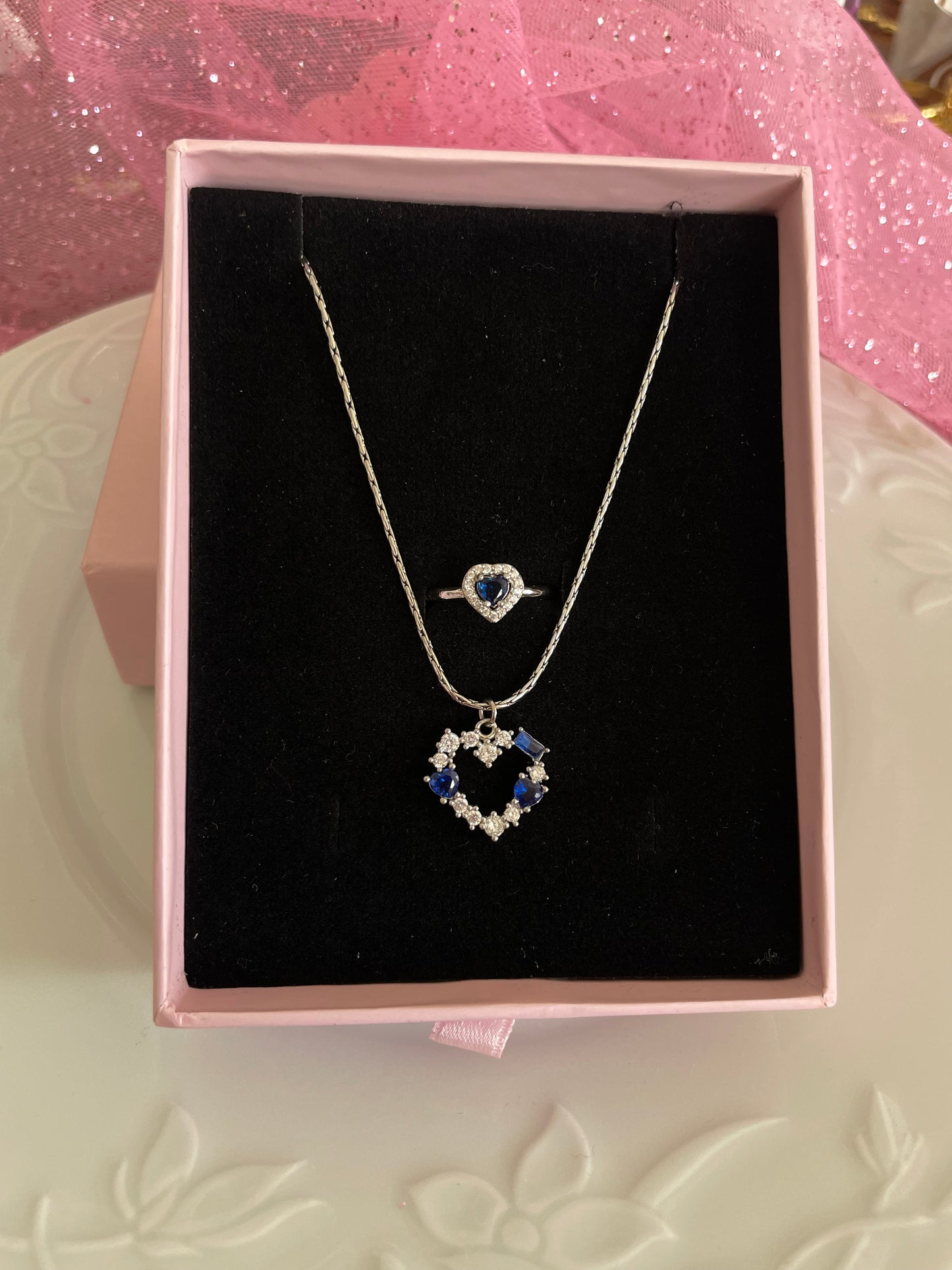 Blue crystal heart jewelry set