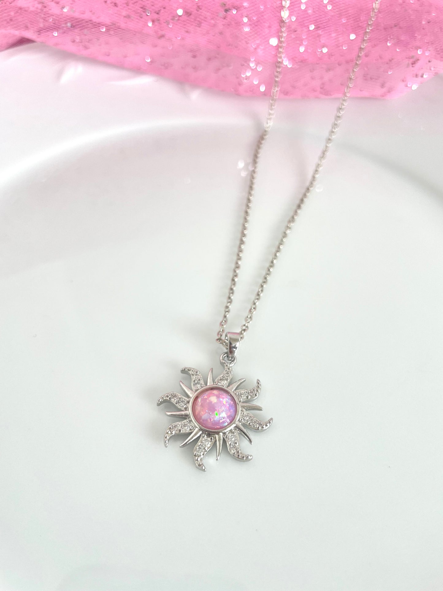 Silver Rapunzel Sun Necklace (pink)