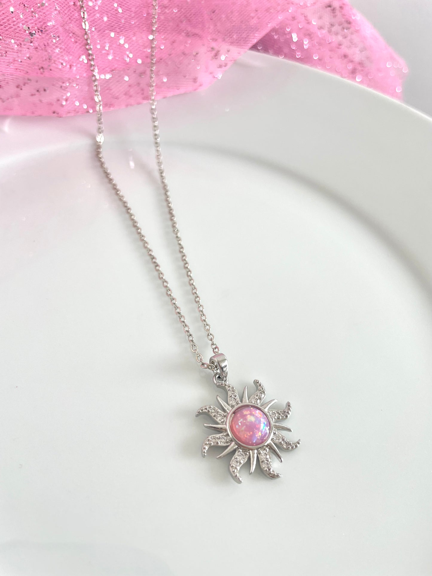 Silver Rapunzel Sun Necklace (pink)