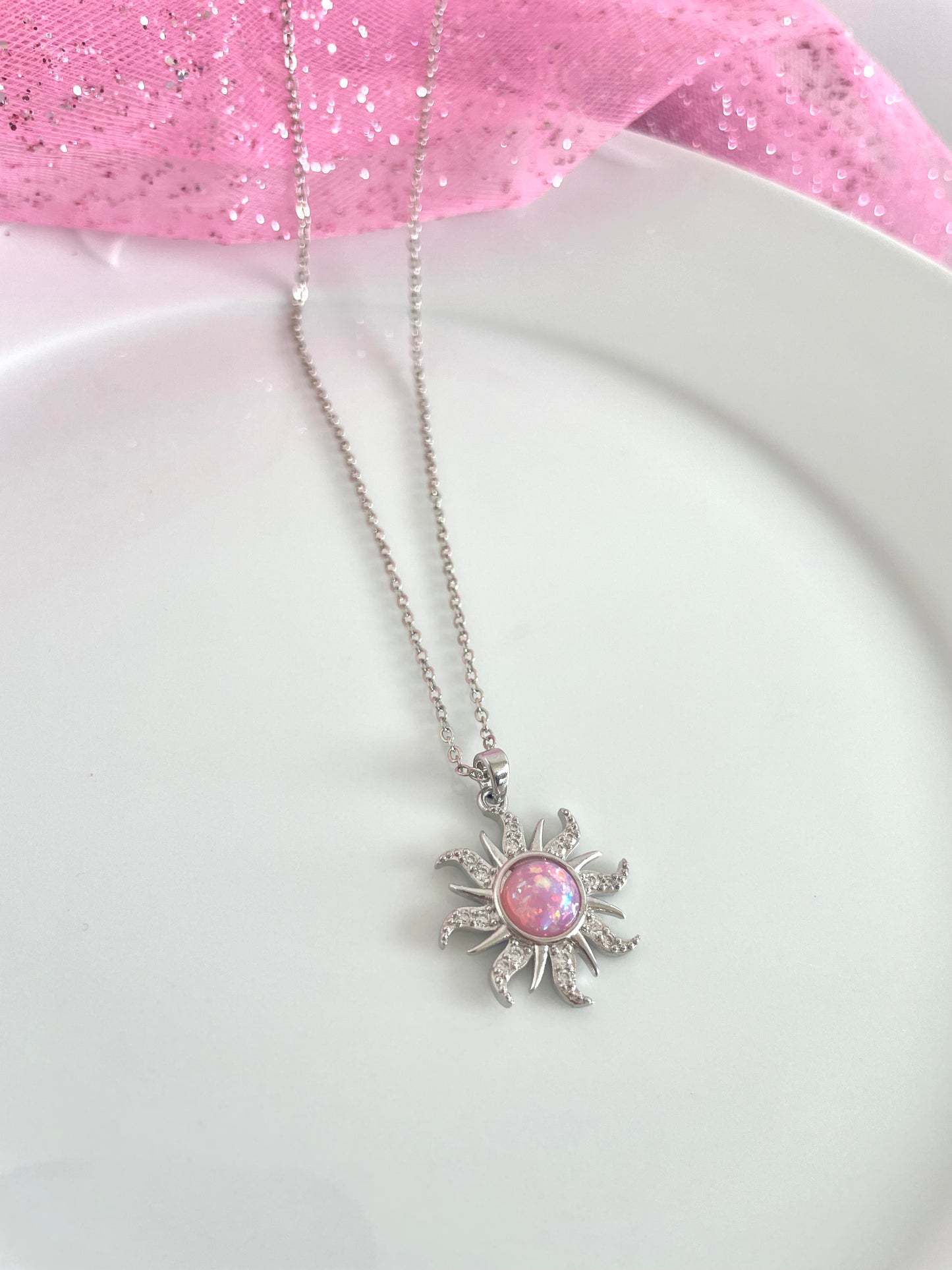 Silver Rapunzel Sun Necklace (pink)