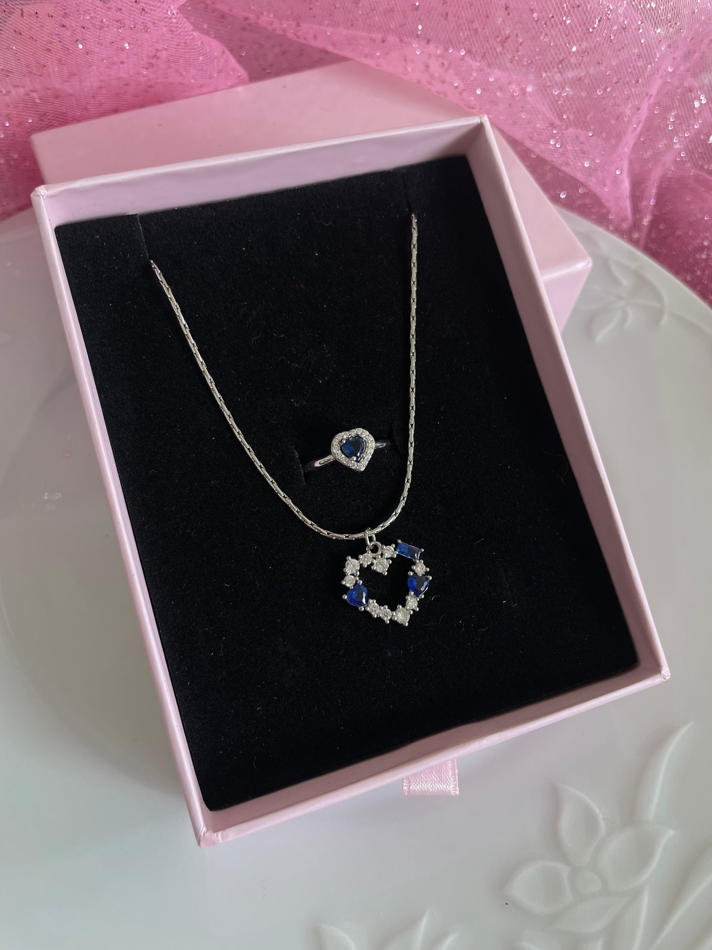 Blue crystal heart jewelry set