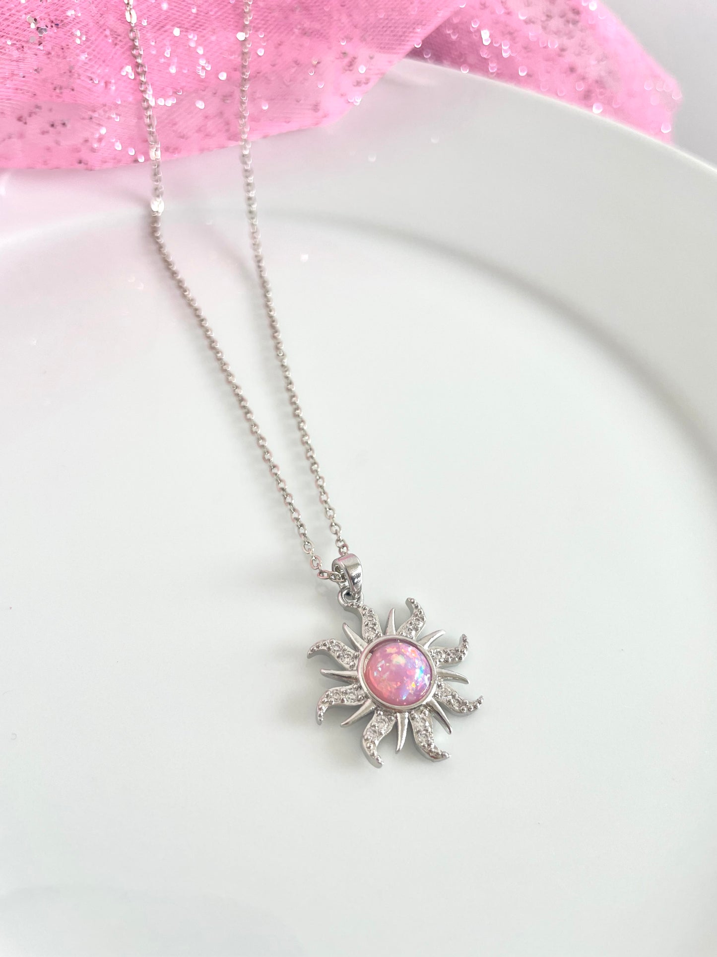 Silver Rapunzel Sun Necklace (pink)