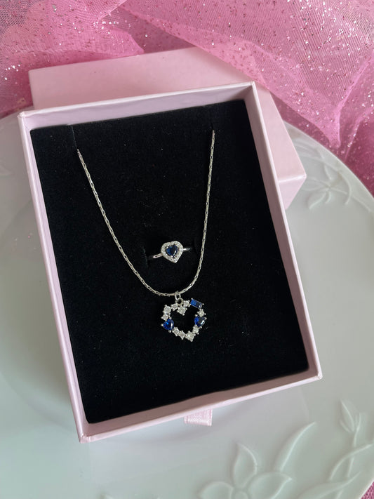 Blue crystal heart jewelry set