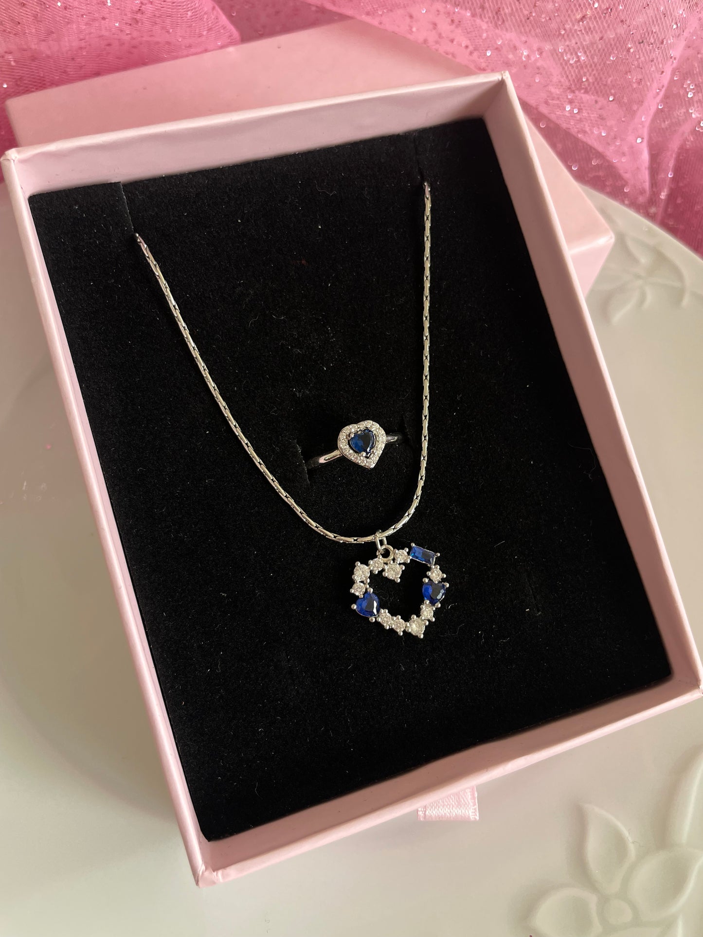 Blue crystal heart jewelry set