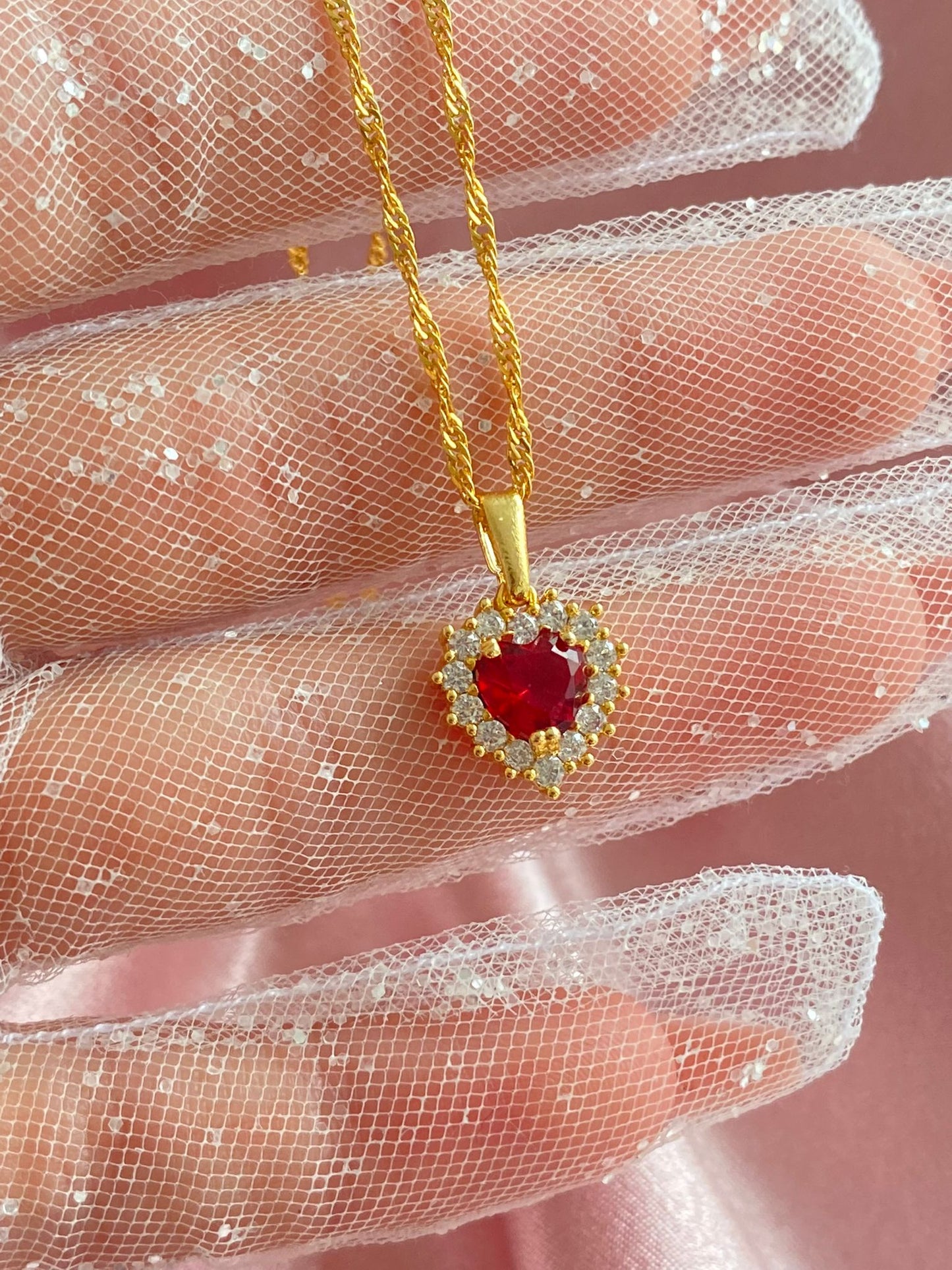 24K gold plated Crystal Red Heart Necklace