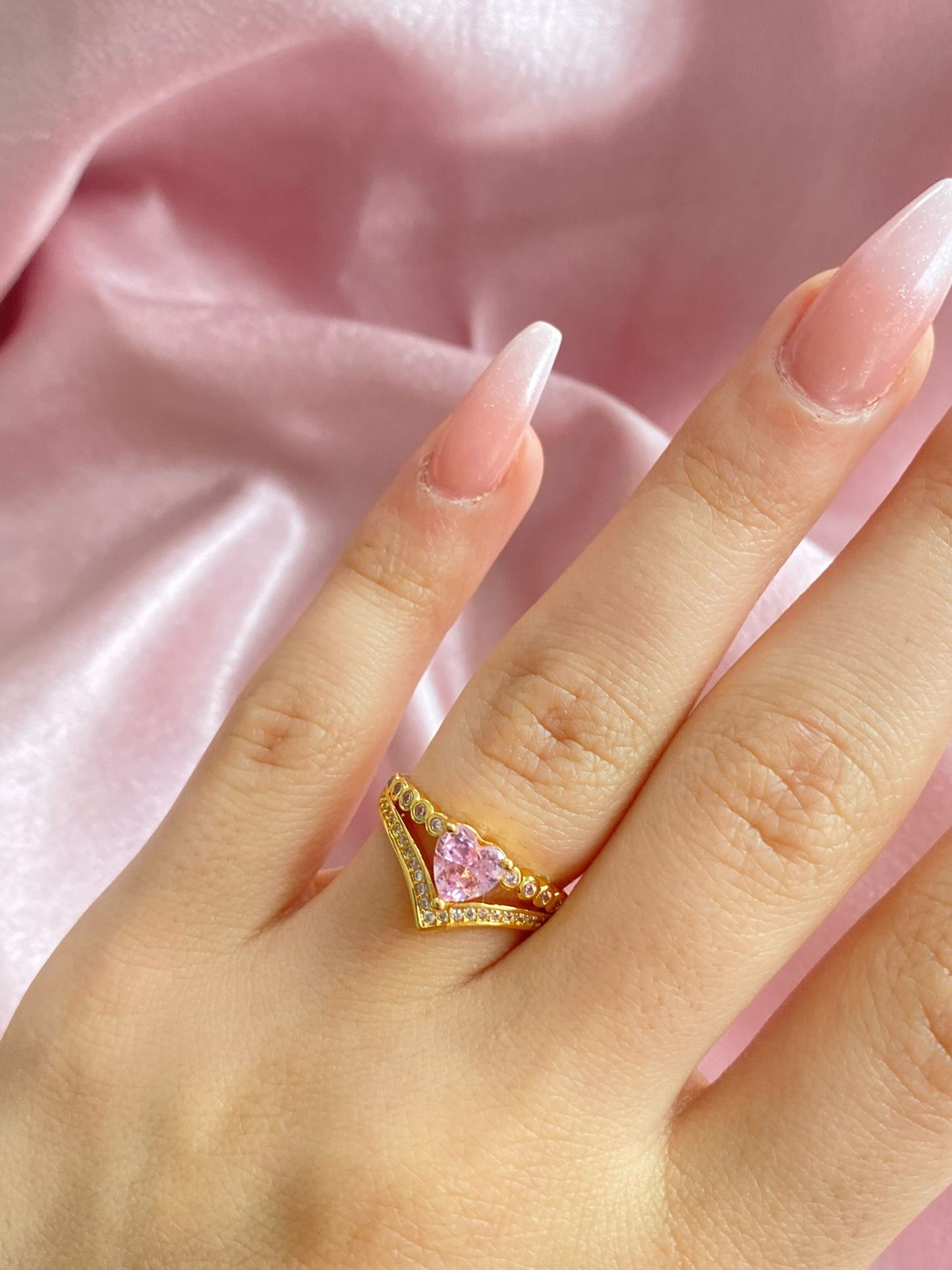 24K golf plated pink crystal heart ring