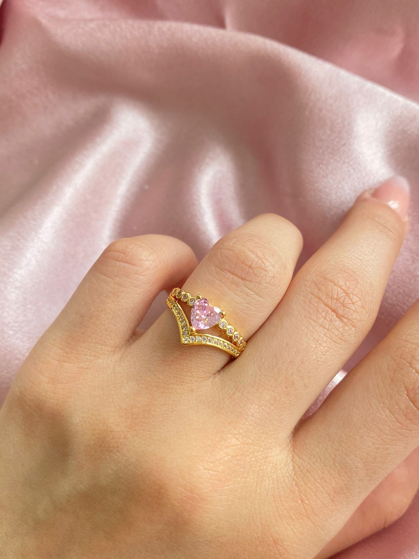 24K golf plated pink crystal heart ring