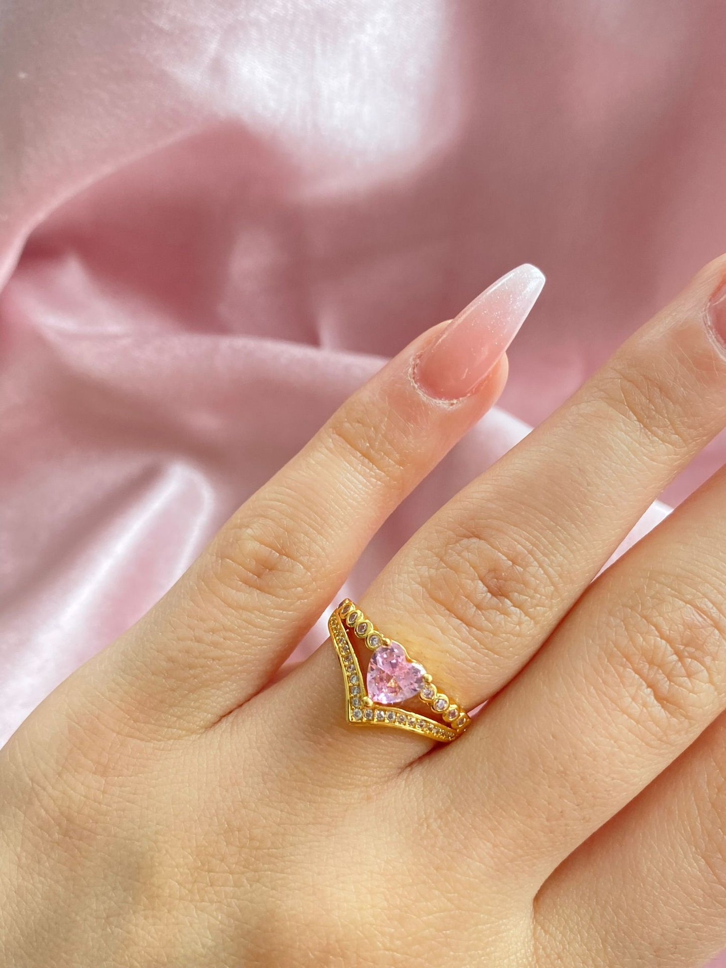 24K golf plated pink crystal heart ring