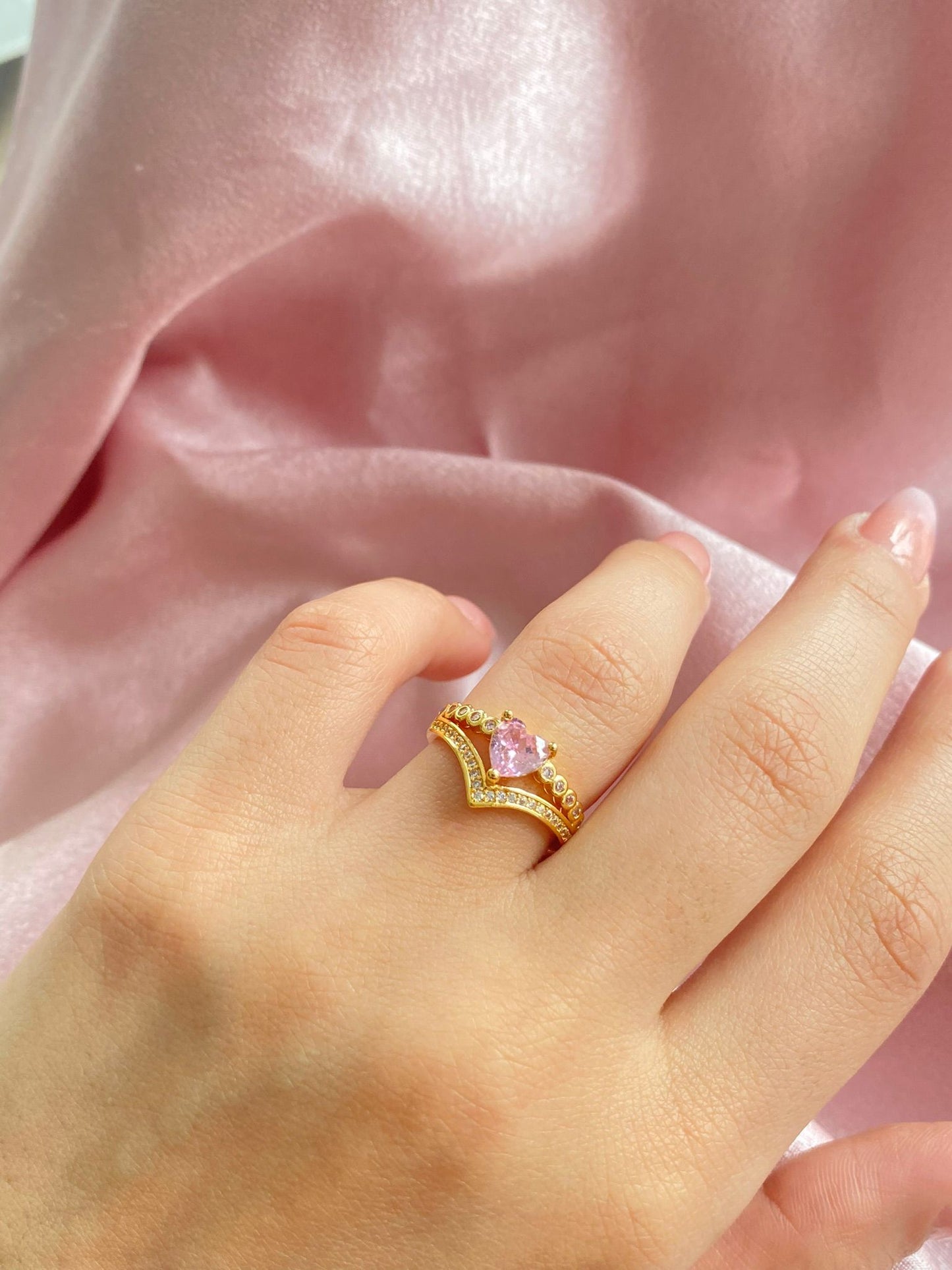 24K golf plated pink crystal heart ring