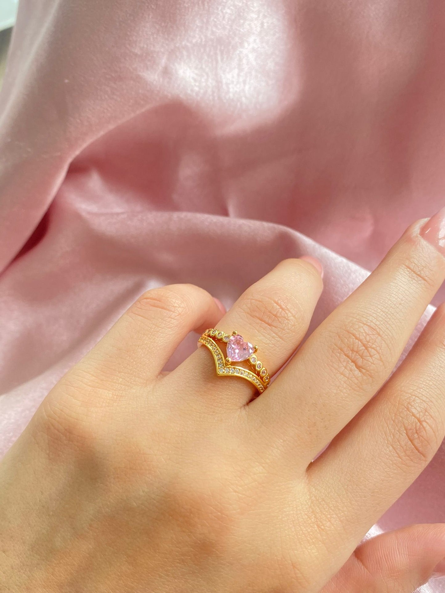 24K golf plated pink crystal heart ring