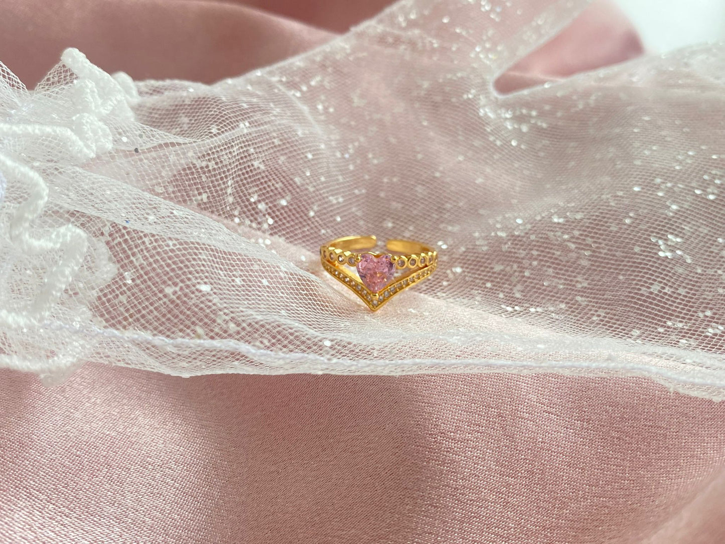 24K golf plated pink crystal heart ring