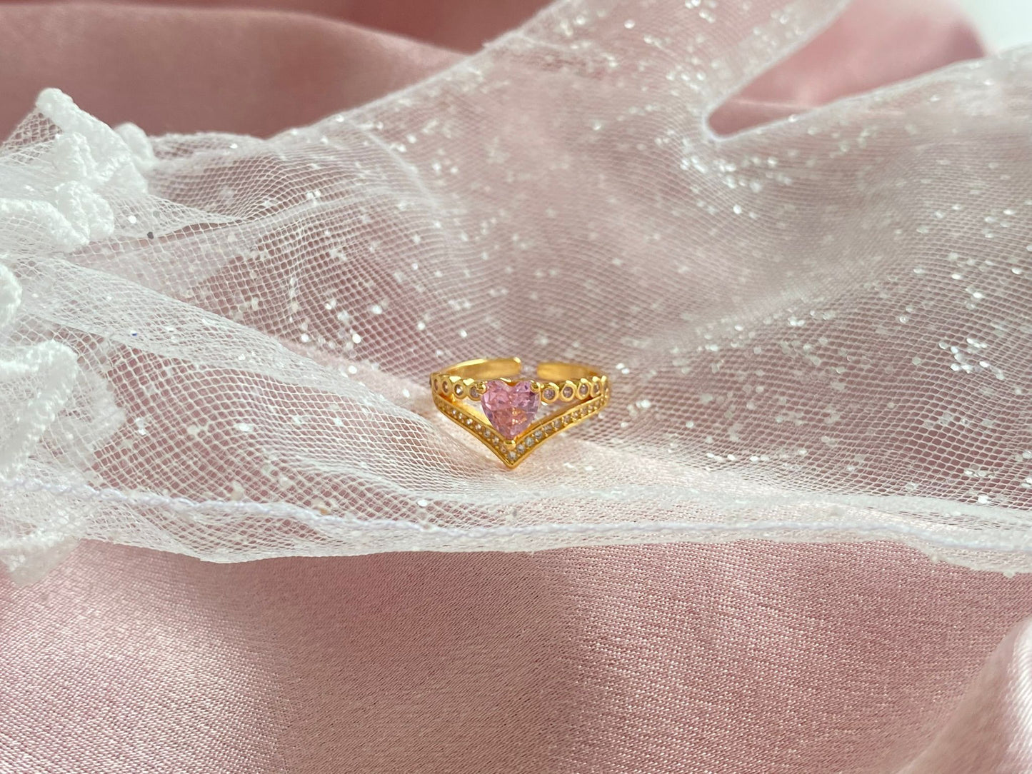 24K golf plated pink crystal heart ring