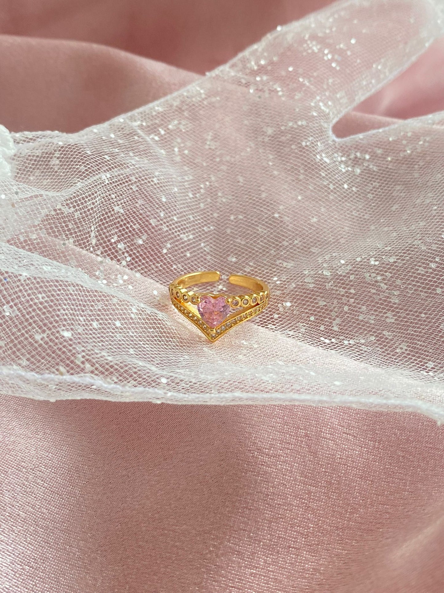 24K golf plated pink crystal heart ring