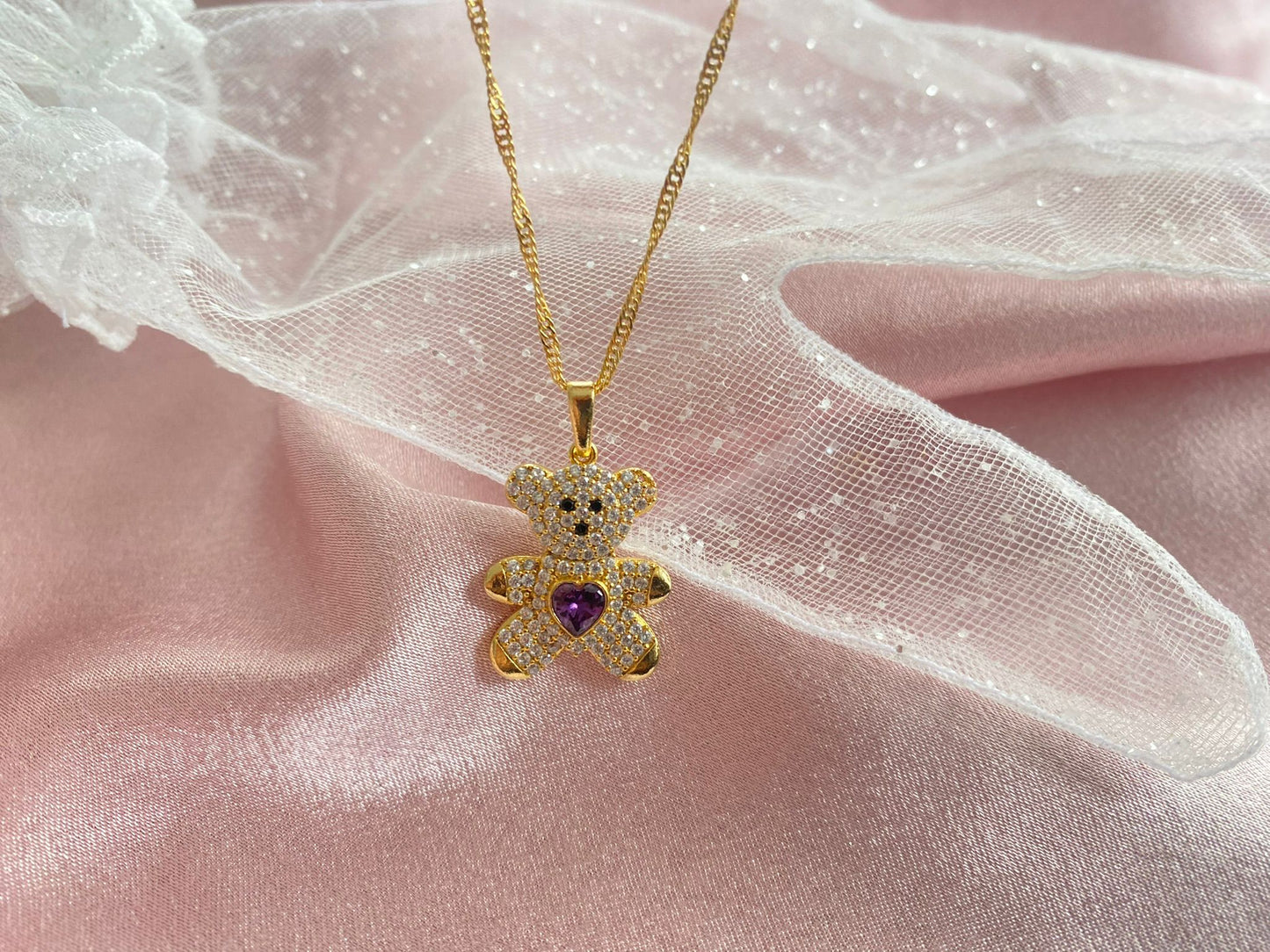 24K gold plated purple heart bear necklace