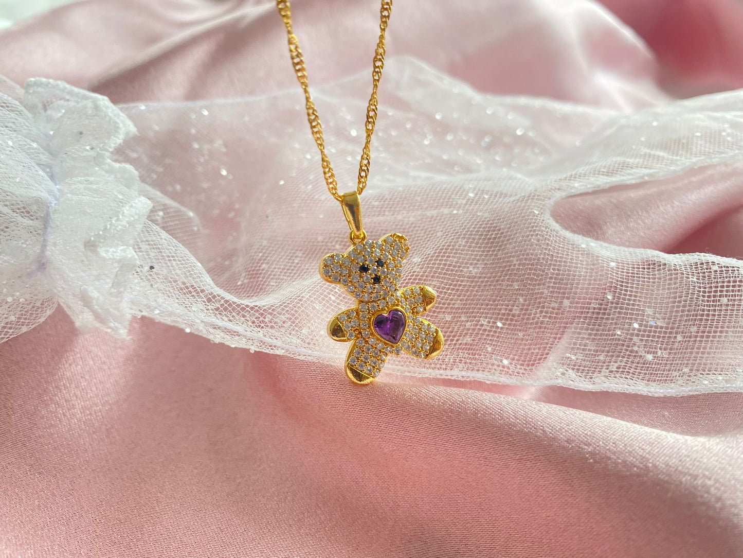 24K gold plated purple heart bear necklace