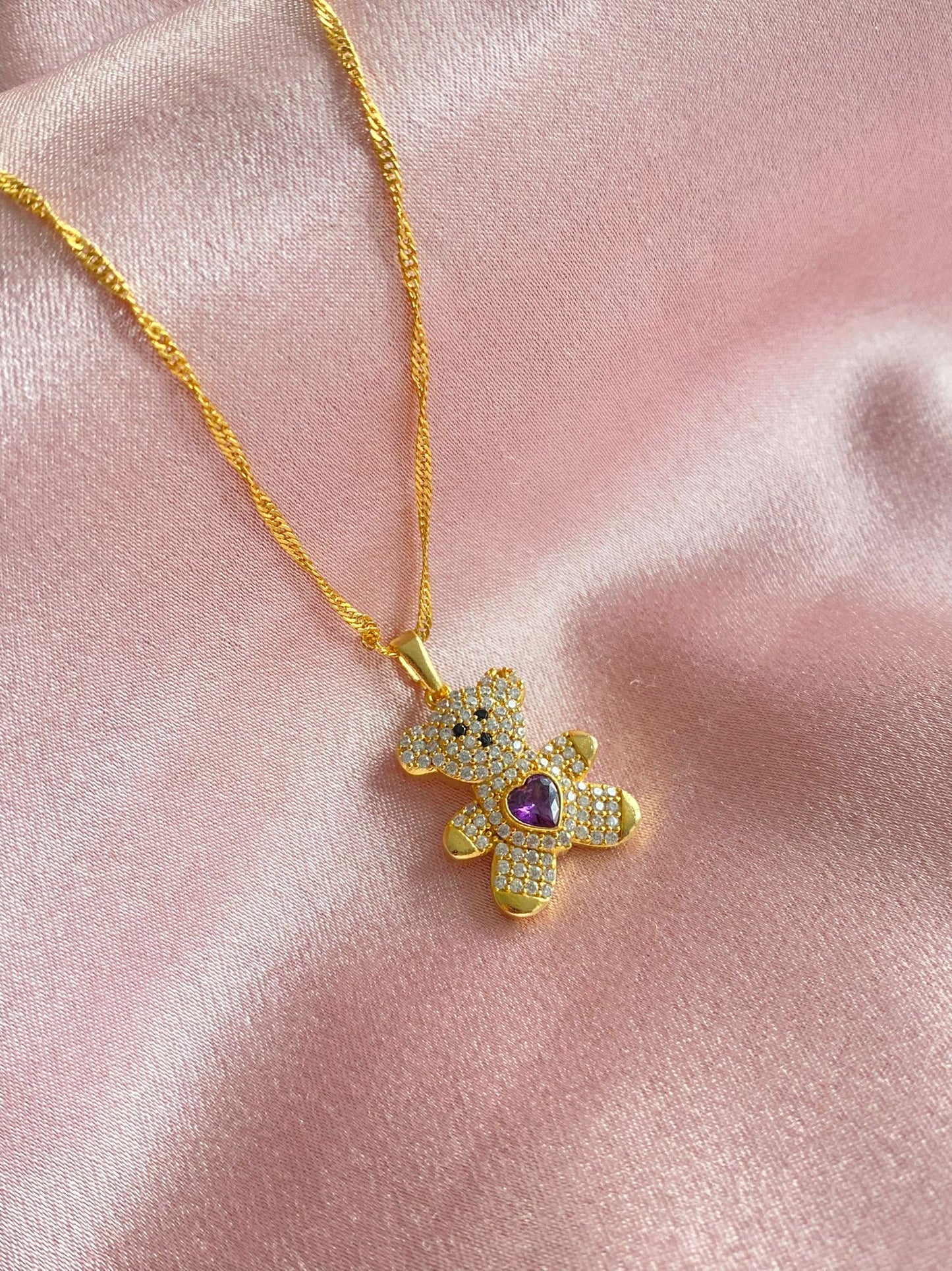 24K gold plated purple heart bear necklace