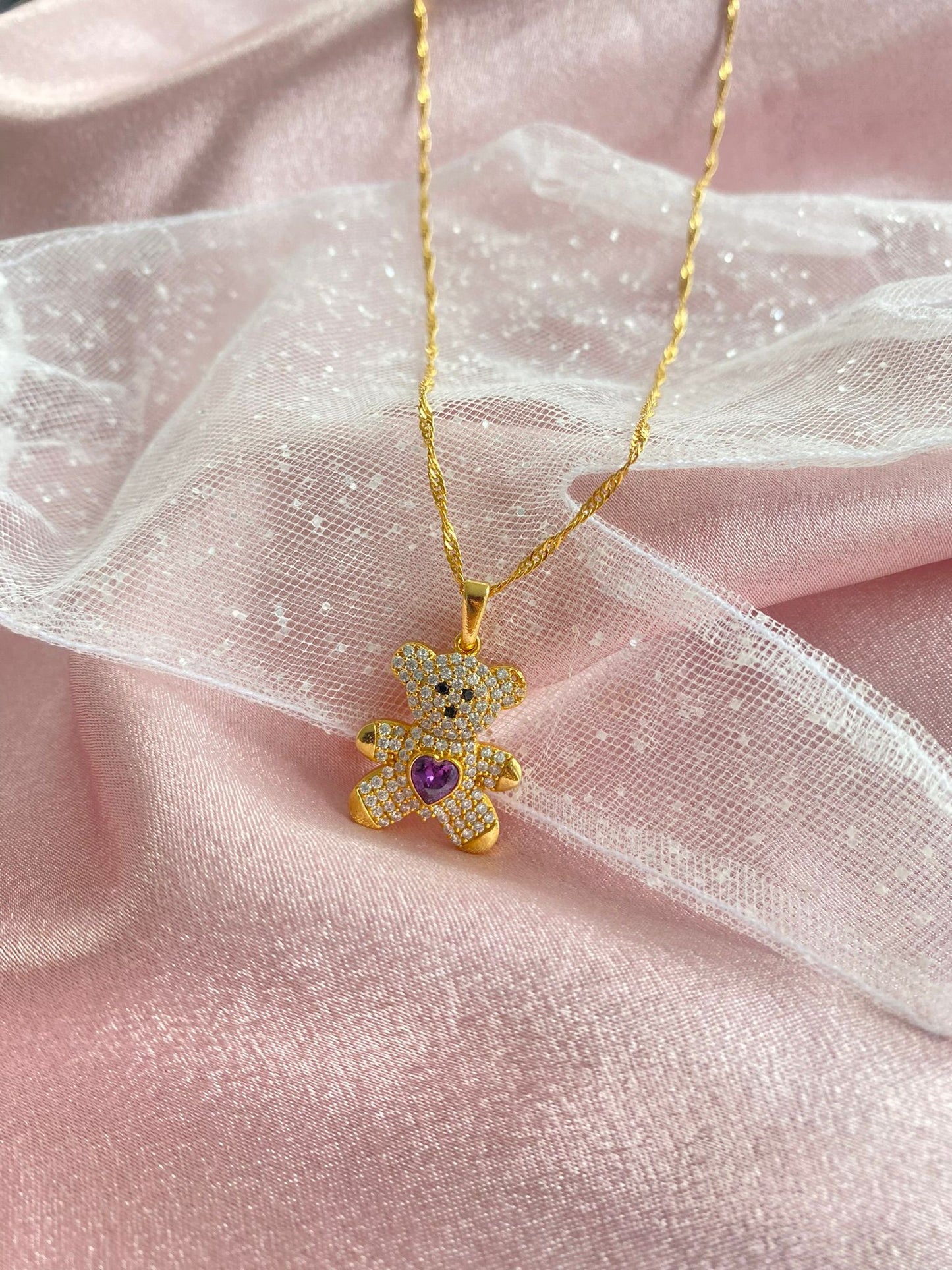 24K gold plated purple heart bear necklace