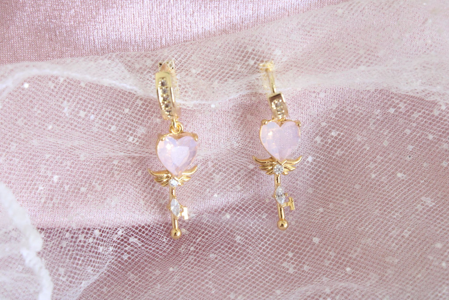 24K gold plated heart wand earrings